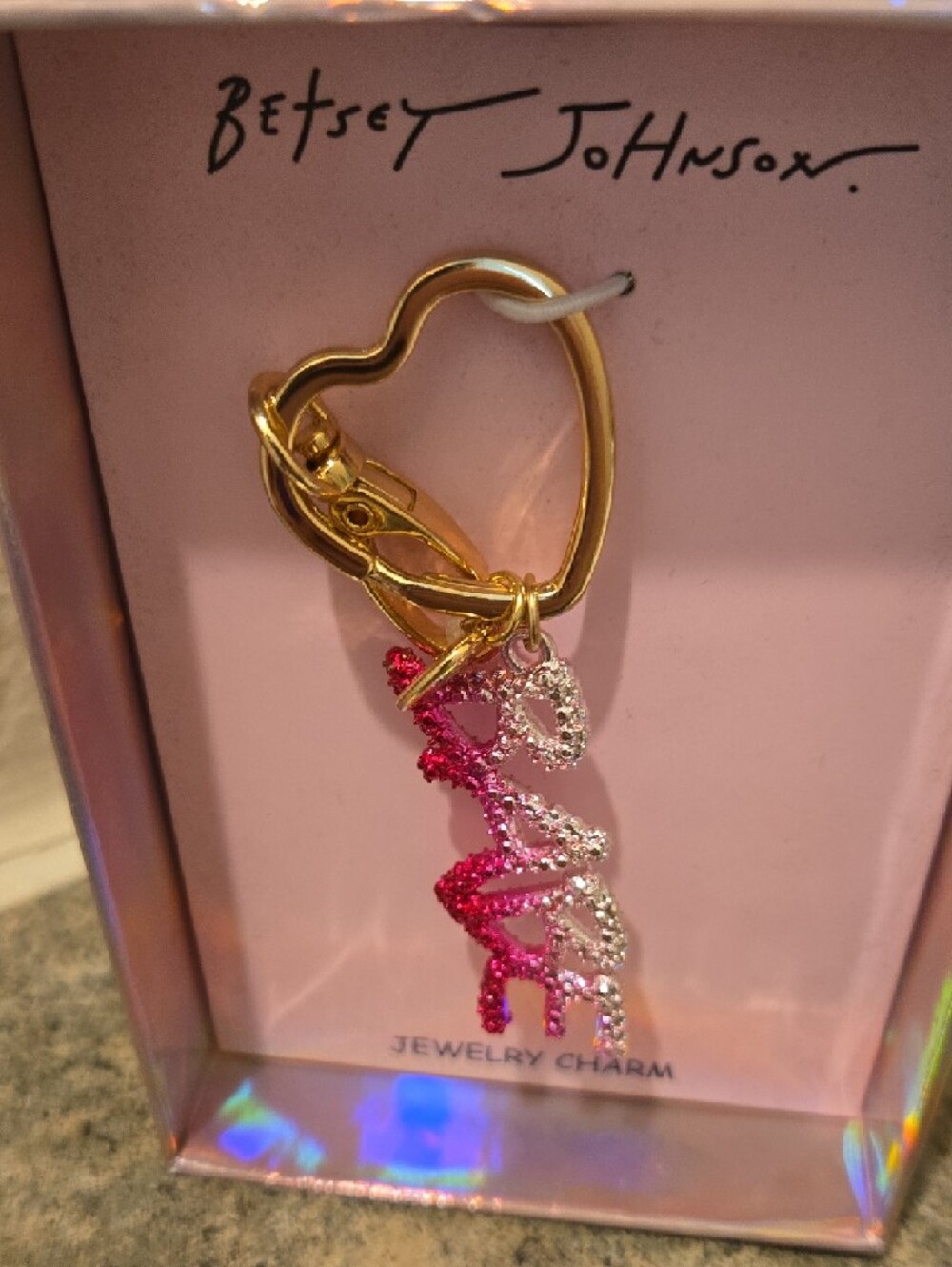 Betsey Johnson Gold-Tone Keyring with Pink Ombre Glitter Charm New - Picture 2 of 3